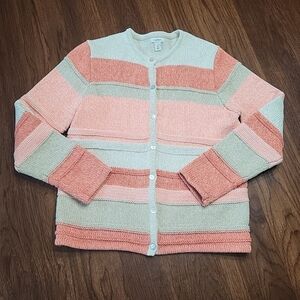 L.L. Bean Women's Orange Striped Cotton Casual Cardigan Sweater Medium Petite
